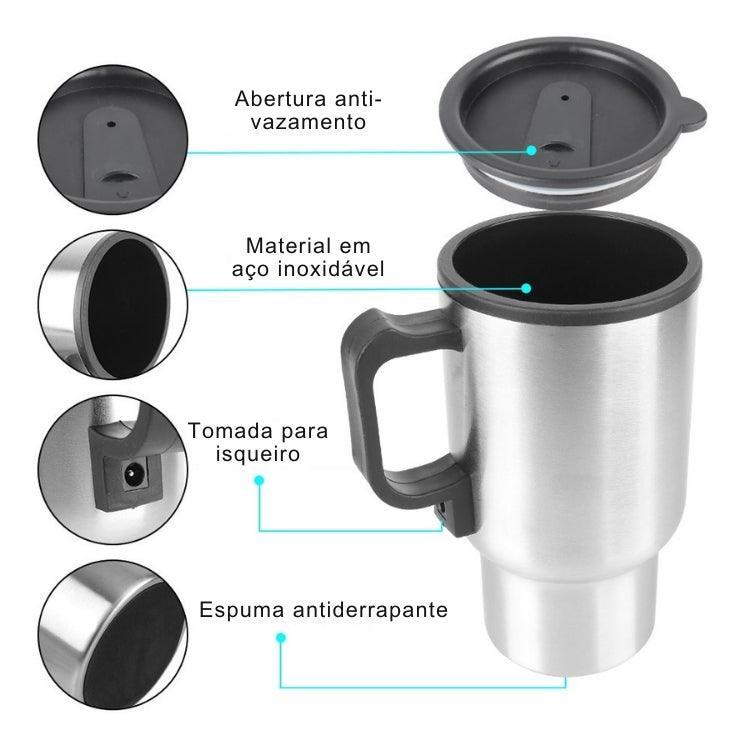 Caneca Automotiva Aquecedora MugMate – 500ml, Aço Inox, Vedação Antivazamento