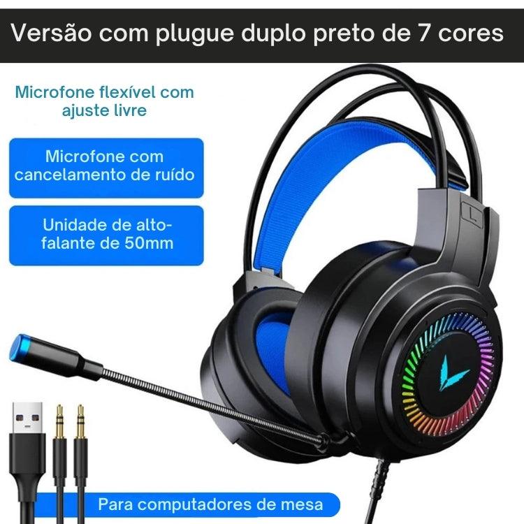Fone de Ouvido Gamer com Som Surround 7.1, Fio, Microfone, Cancelamento de Ruído e Luzes LED Coloridas