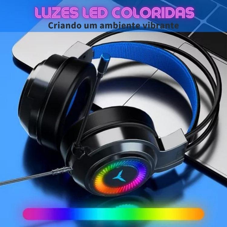 Fone de Ouvido Gamer com Som Surround 7.1, Fio, Microfone, Cancelamento de Ruído e Luzes LED Coloridas