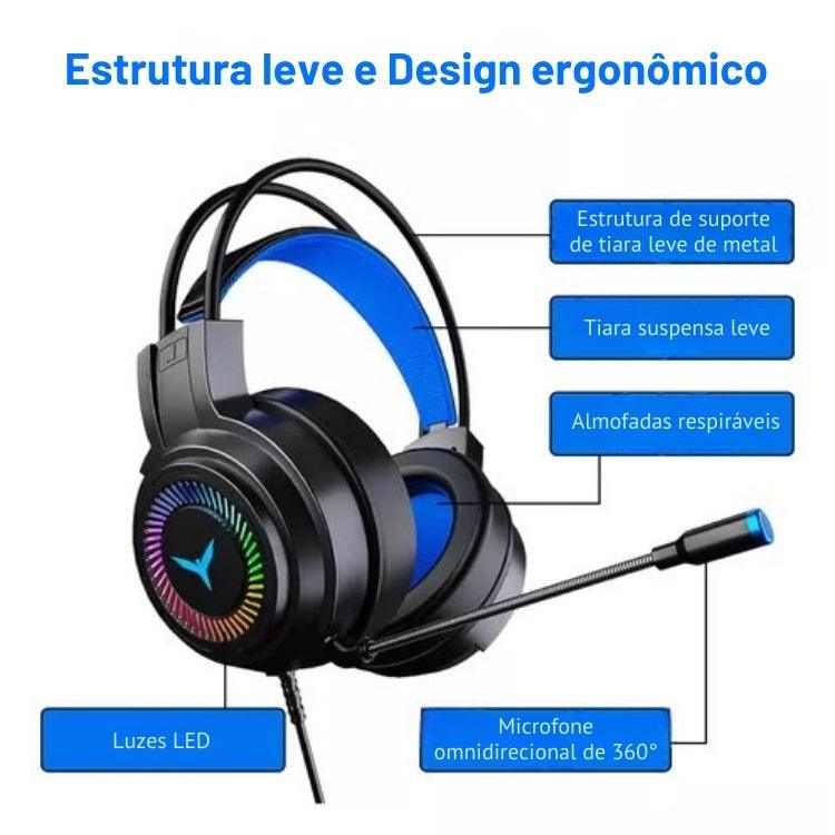 Fone de Ouvido Gamer com Som Surround 7.1, Fio, Microfone, Cancelamento de Ruído e Luzes LED Coloridas