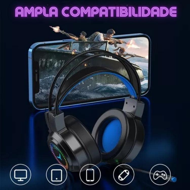 Fone de Ouvido Gamer com Som Surround 7.1, Fio, Microfone, Cancelamento de Ruído e Luzes LED Coloridas