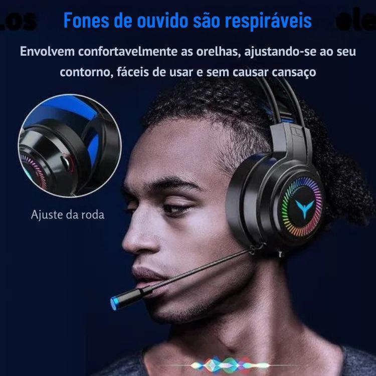 Fone de Ouvido Gamer com Som Surround 7.1, Fio, Microfone, Cancelamento de Ruído e Luzes LED Coloridas