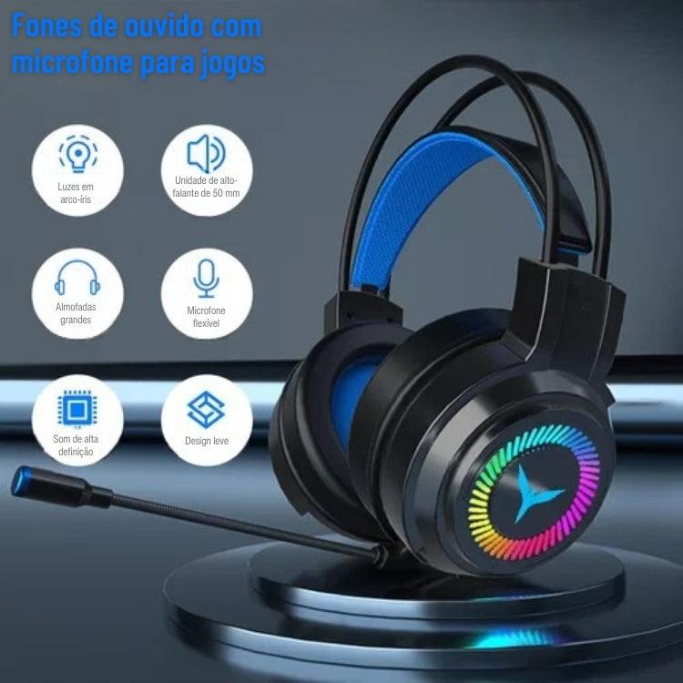 Fone de Ouvido Gamer com Som Surround 7.1, Fio, Microfone, Cancelamento de Ruído e Luzes LED Coloridas