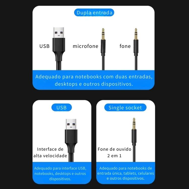 Fone de Ouvido Gamer com Som Surround 7.1, Fio, Microfone, Cancelamento de Ruído e Luzes LED Coloridas